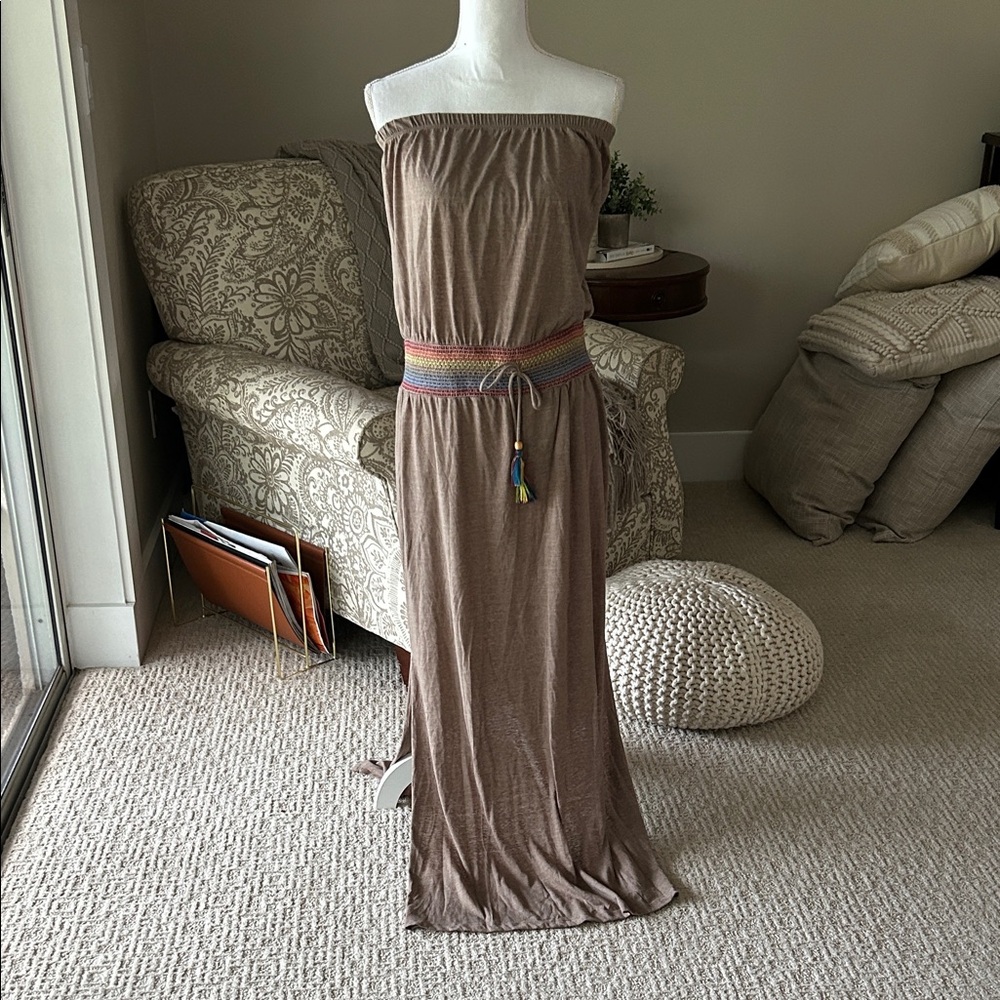 Brown Strapless Maxi Dress with Rainbow Belt